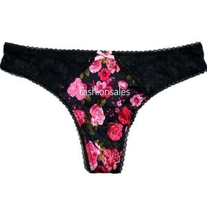Victorias Secret Body Supersoft Satiny & Lace Thong panty Black floral Small